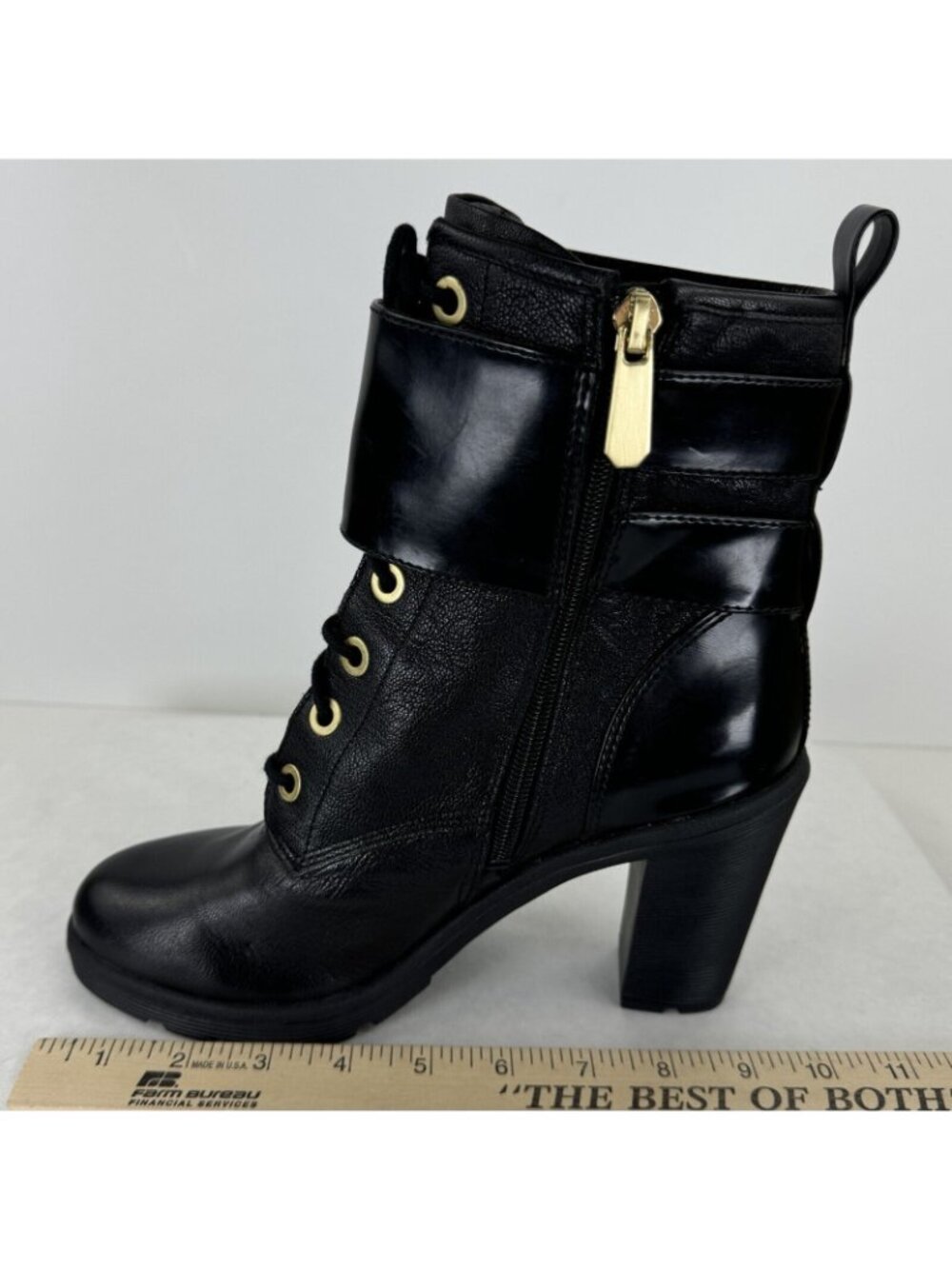 Guess Finlay Black Side Zip High Heel Leather Boots Womens Sz 8.5M Buckle Strap - Picture 16 of 16